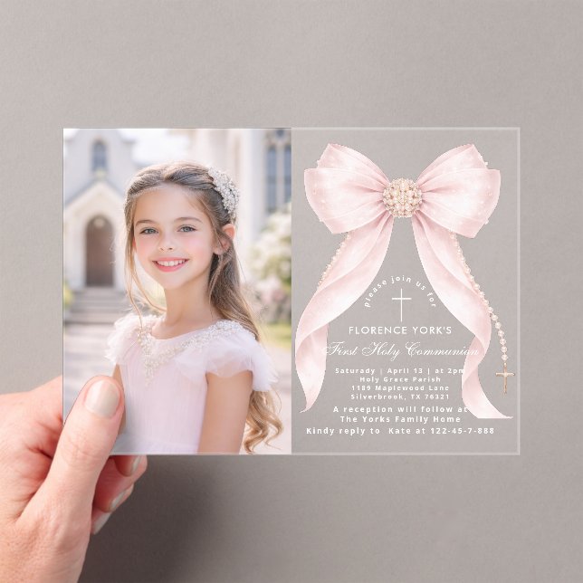 First Holy Communion Blush Pink Bow Christian Acrylic Invitations (Insitu (Handheld))