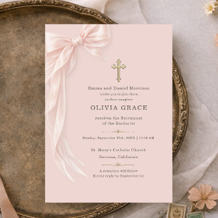 First Holy Communion Blush Pink Bow Girl  Invitation
