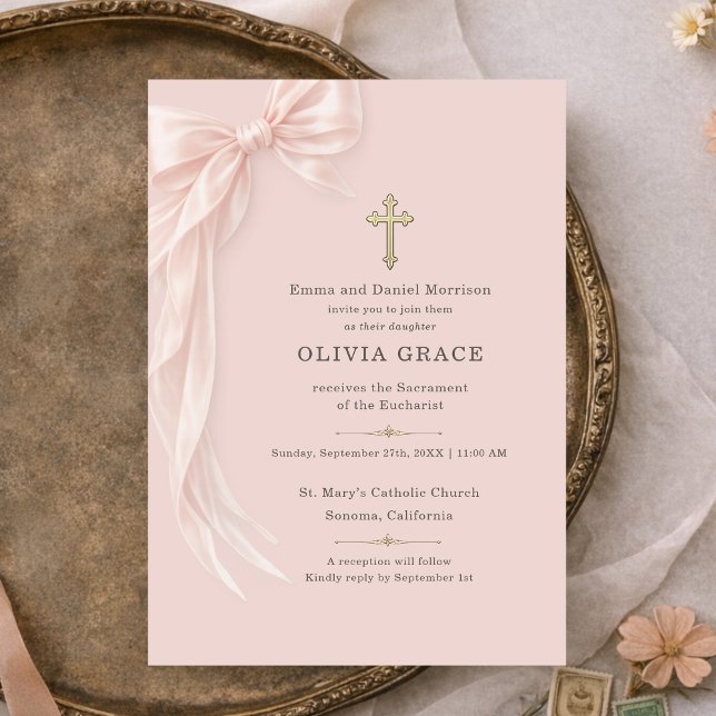 First Holy Communion Blush Pink Bow Girl  Invitation (Creator Uploaded)