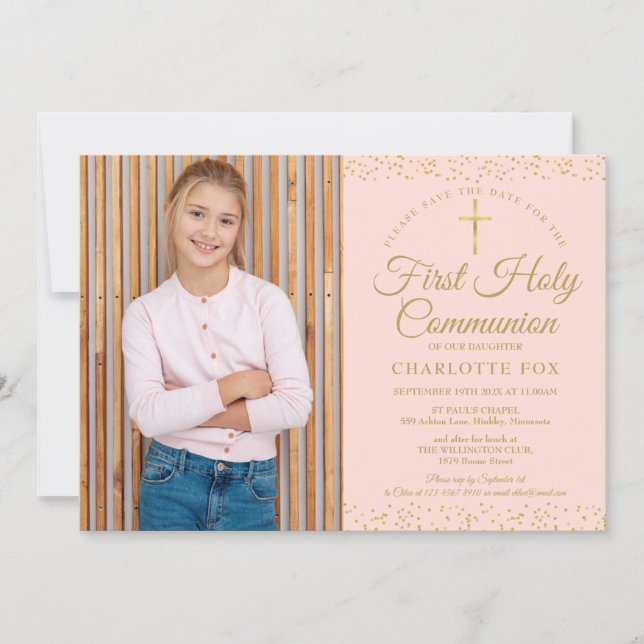 First Holy Communion Blush Pink Gold Dust Photo Save The Date (Front)