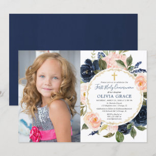 First Holy Communion blush pink navy blue photo Invitation