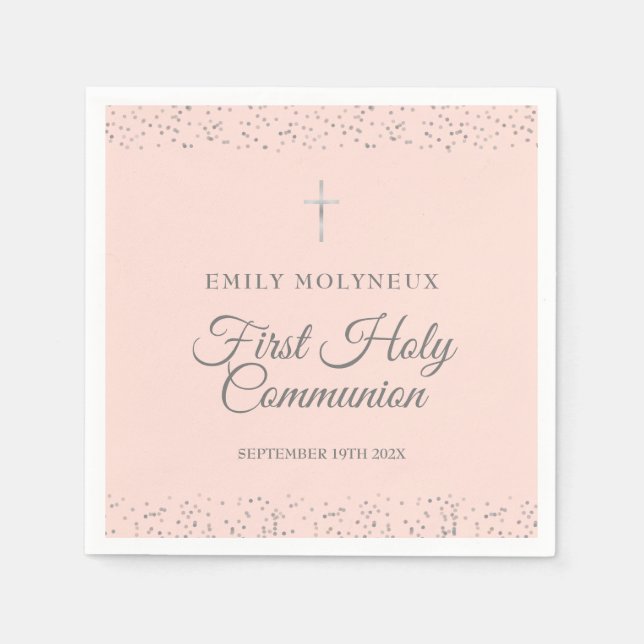 First Holy Communion Blush Pink Silver Stardust Napkin (Front)