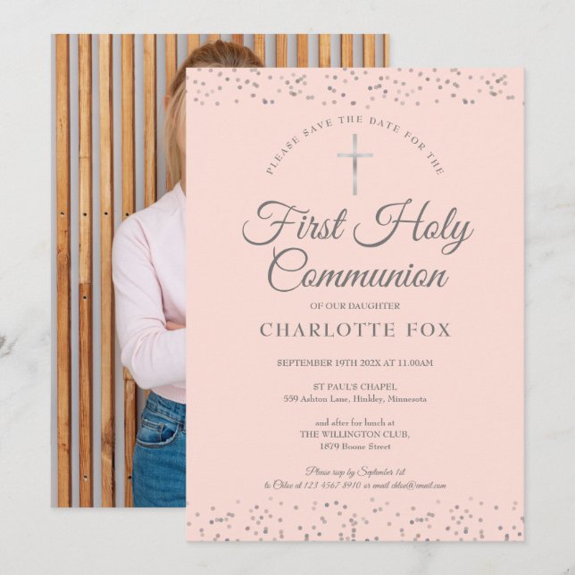 First Holy Communion Blush Pink Stardust Photo Save The Date (Front/Back)