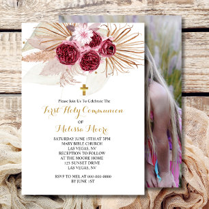 First Holy Communion Boho Burgundy Pampas Grass  Invitation