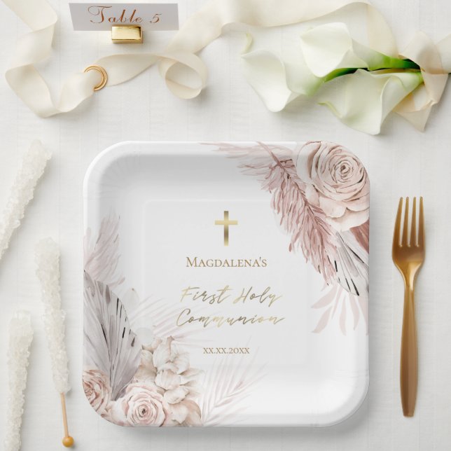 First Holy Communion boho flowers Paper Plate (Wedding)