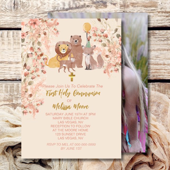 First Holy Communion Boho Safari Blush Pink Photo Invitation (Creator Uploaded)