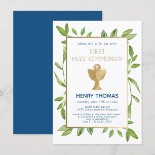 First Holy Communion Botanical Greenery Watercolor Invitation
