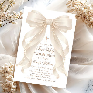 First Holy Communion Bow Pearls Invitation
