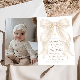 First Holy Communion Bow Pearls Photo Invitation