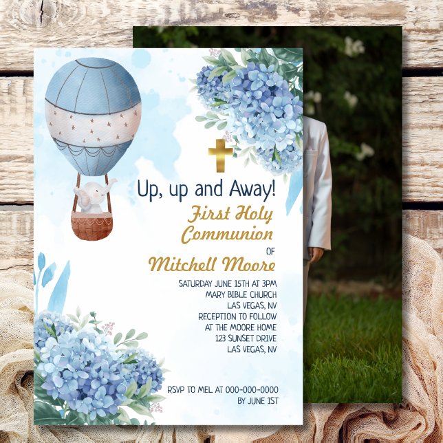 First Holy Communion Boy Hot Air Balloon Elephant  Invitation (Creator Uploaded)