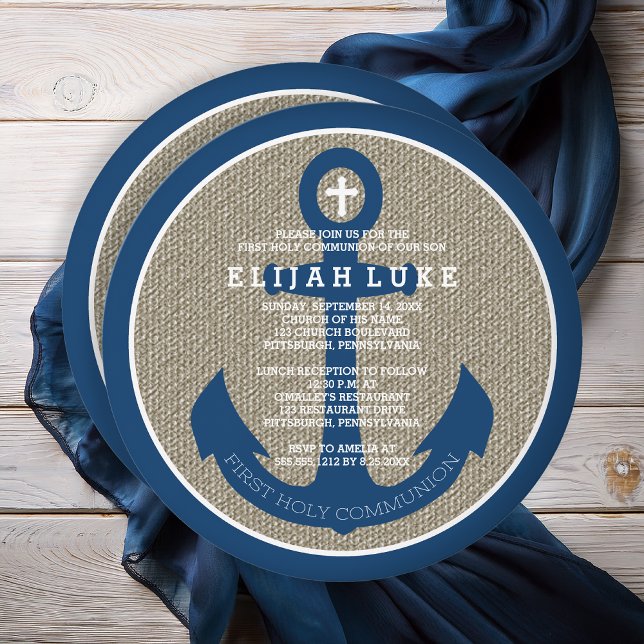 First Holy Communion | Boy Nautical Anchor Invitation (First Holy Communion Boy Nautical Anchor Round Invitation - Print | Digital Download)