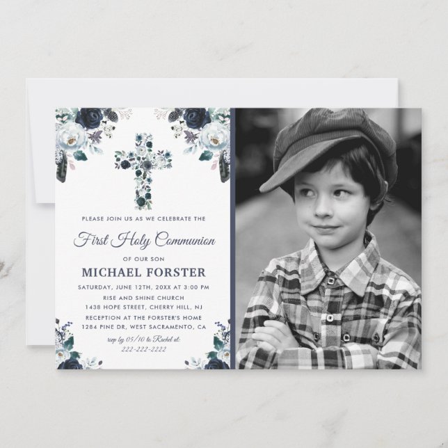 First Holy Communion Boys Floral Cross Photo Invitation (Front)