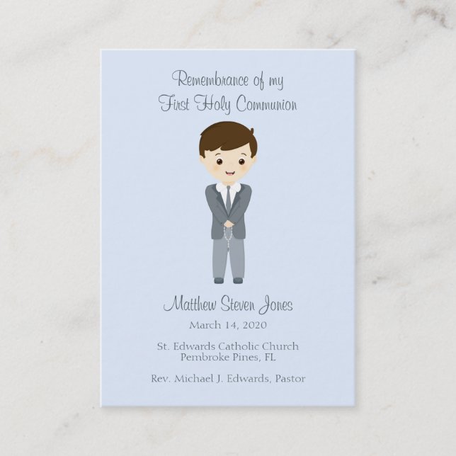 First Holy Communion Brunette Boy Business Card (Front)