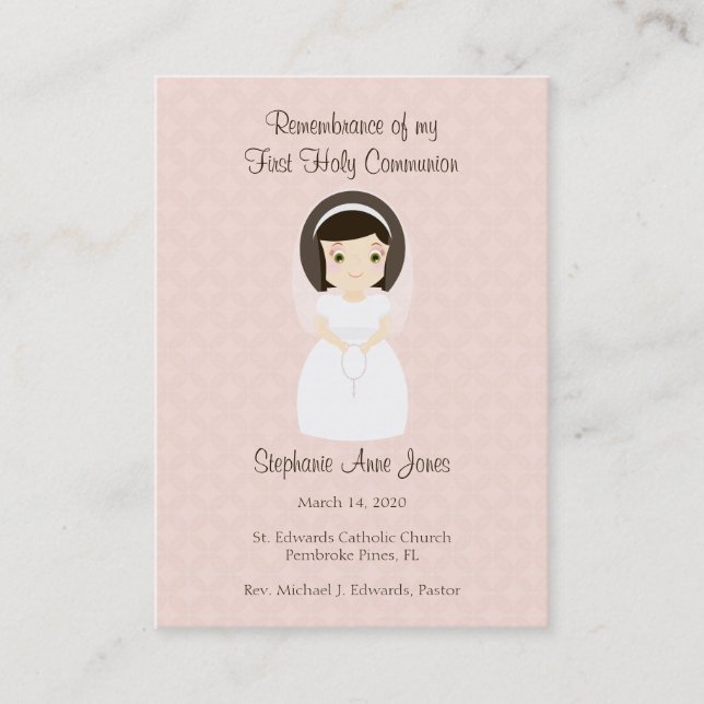 First Holy Communion Brunette Girl Business Card (Front)