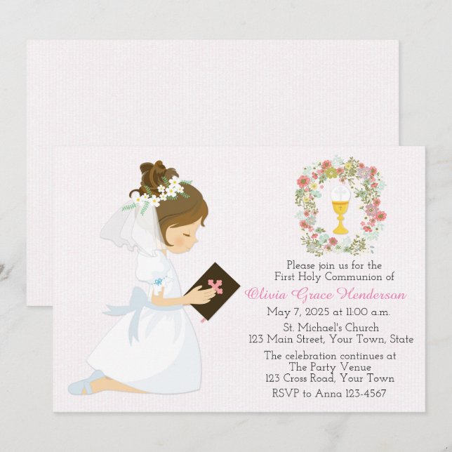 First Holy Communion Brunette Girl Floral Wreath Invitation (Front/Back)