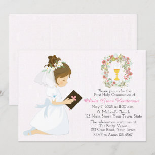 First Holy Communion Brunette Girl Floral Wreath Invitation
