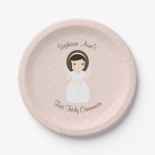 First Holy Communion Brunette Girl Paper Plate