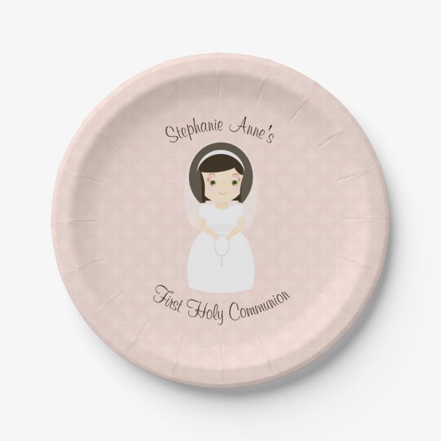 First Holy Communion Brunette Girl Paper Plate (Front)