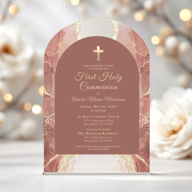 First Holy Communion Bush Pink Gold Agate  Acrylic Invitations (Creator Uploaded)