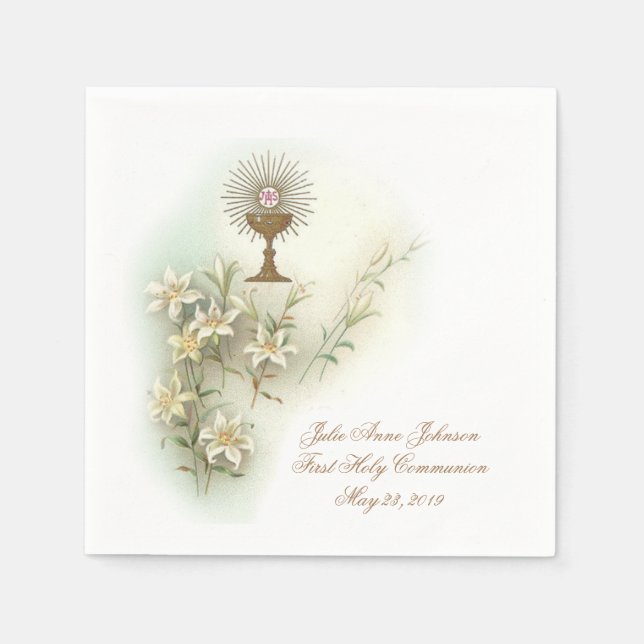 First Holy Communion Catholic Chalice Host Lilies Napkin (Front)