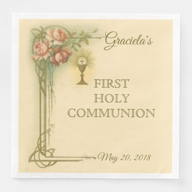 First Holy Communion Catholic Chalice Host Roses Napkin (Front)