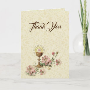 First Holy Communion Catholic Floral Thank You Card