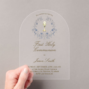 First Holy Communion chalice blue foliage Acrylic Invitations