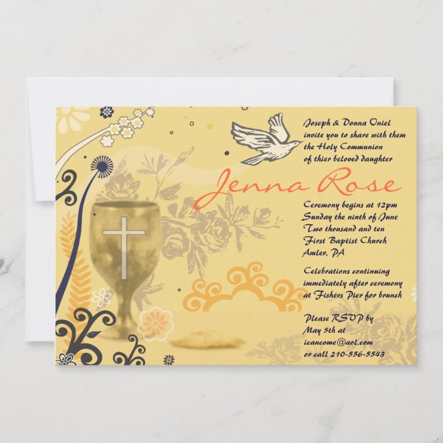 First Holy Communion Chalice Dove Invitation gold (Front)