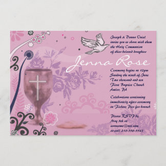 First Holy Communion Chalice Dove Invitation pink