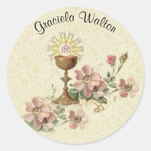 First Holy Communion Chalice Flowers Remembrance Classic Round Sticker (Front)