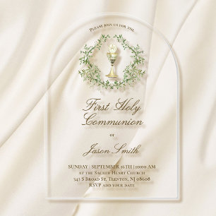 First Holy Communion chalice greenery crest Acrylic Invitations