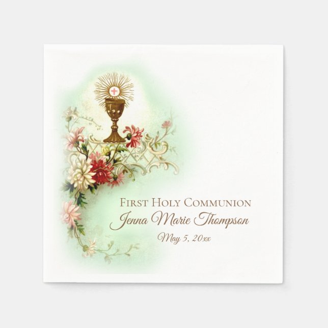 First Holy Communion Chalice Host Flowers Vintage Napkin (Front)