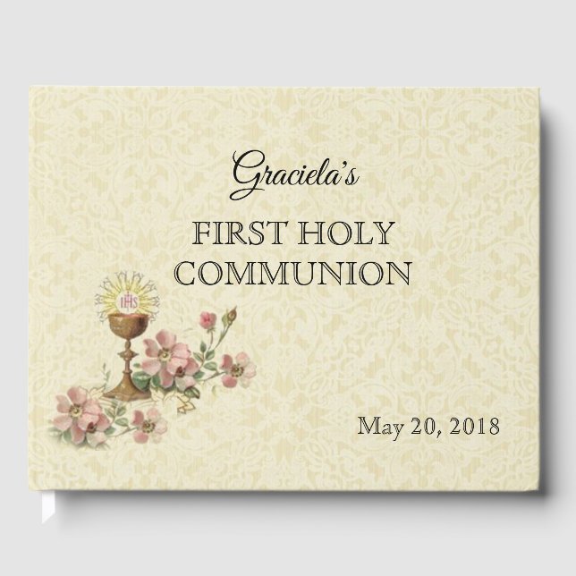 First Holy Communion Chalice Host Pink Flowers Guest Book (Front)