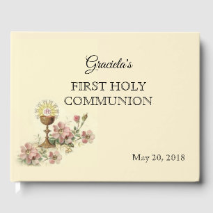 First Holy Communion Chalice Host Pink Flowers Guest Book