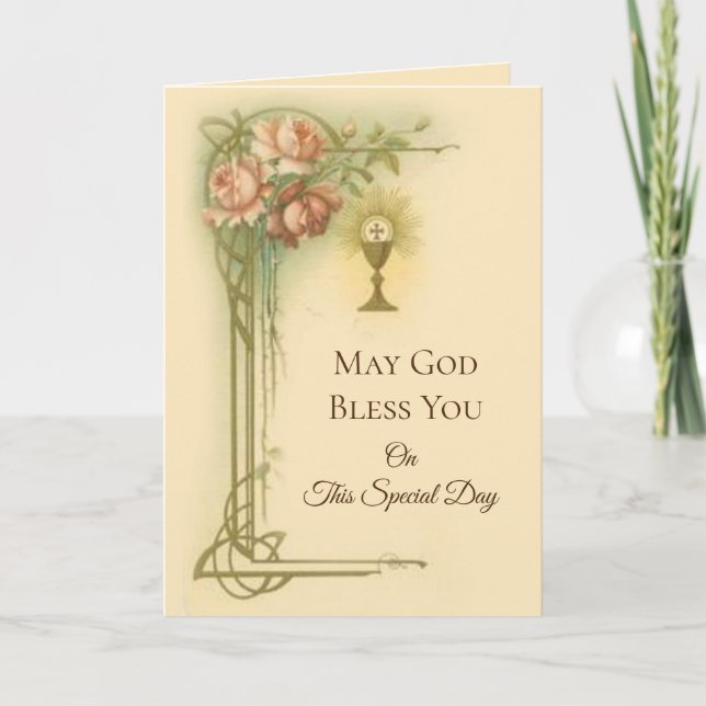 First Holy Communion Chalice Host Roses Card (Front)