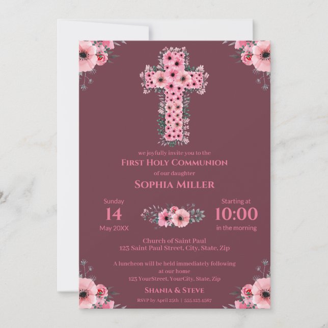 First Holy Communion Chic Girl Pink Flower Cross I Invitation (Front)