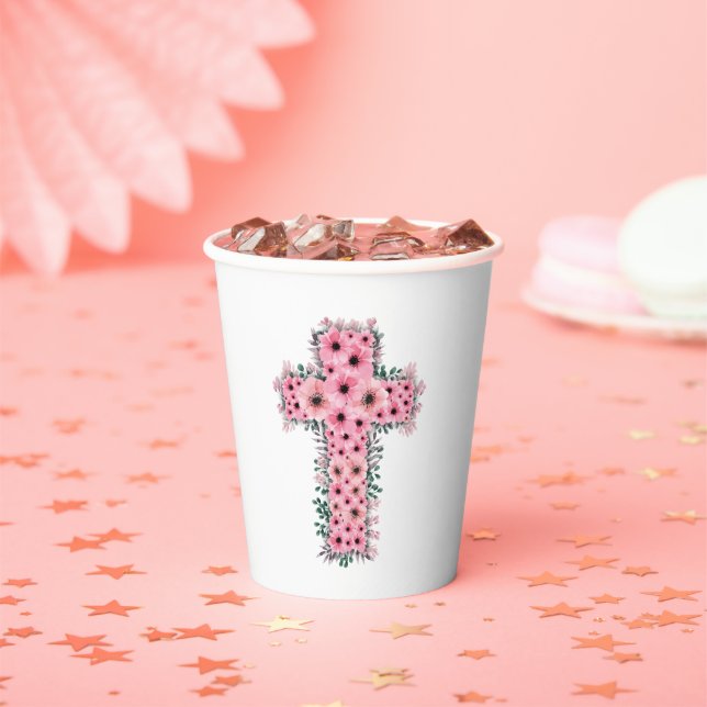 First Holy Communion Chic Girl Pink Flower Cross Paper Cups (Insitu)