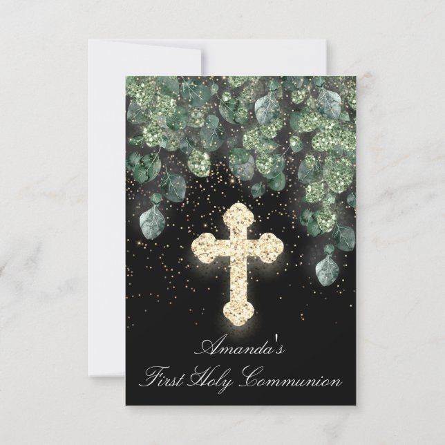 First Holy Communion  Christian Event Cross Gold Invitation (Back)