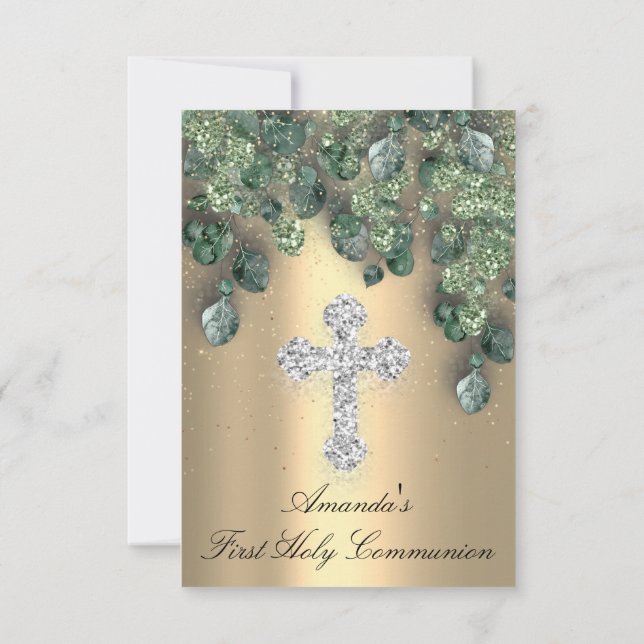 First Holy Communion  Christian Event Cross Gold Invitation (Back)