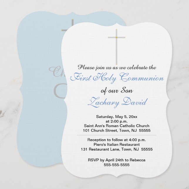 First Holy Communion Cross Blue Invitation (Front/Back)