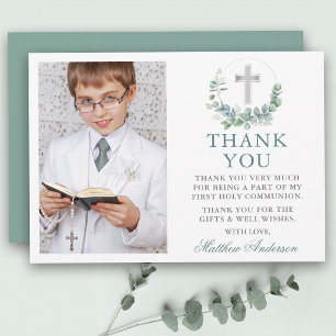 First Holy Communion Cross Eucalyptus Leaves Thank You Card