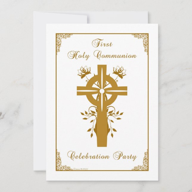 First Holy Communion - Cross Floral Design Invitation (Front)