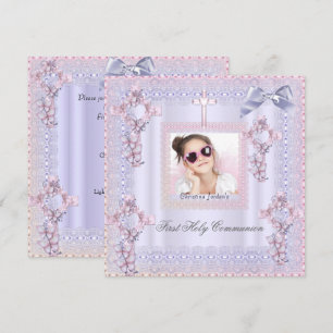 First Holy Communion Cross Girl Photo Lavender Invitation