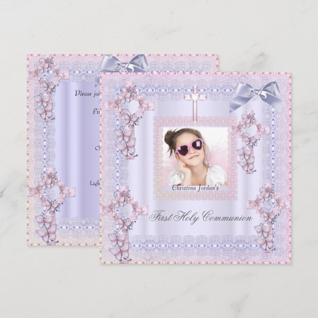 First Holy Communion Cross Girl Photo Lavender Invitation (Front/Back)