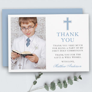 First Holy Communion Cross Light Blue Photo Thank You Card