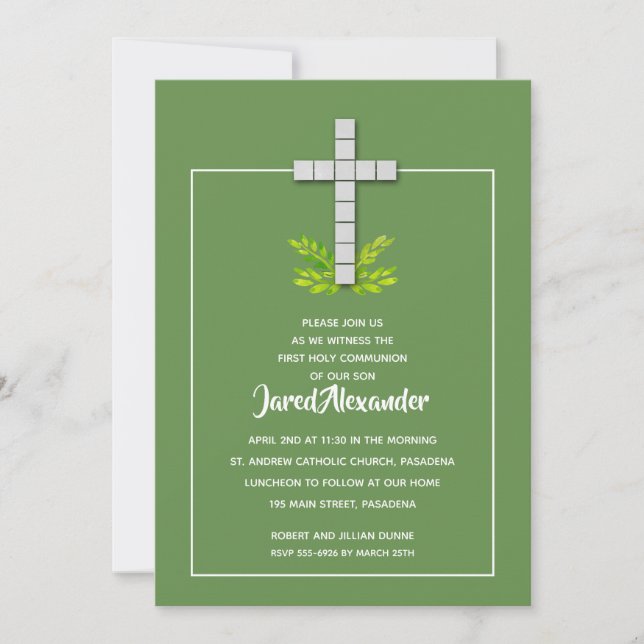 First Holy Communion Cross on Green Invitations (Front)