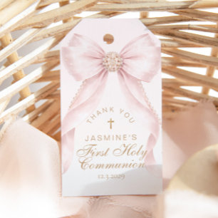 First Holy Communion Cross Pink Bow Thank you Gift Tags