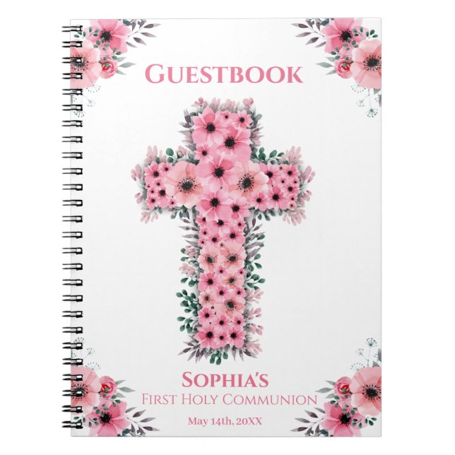 First Holy Communion Cross Pink Flower Guest Book (Front)