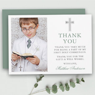 First Holy Communion Cross Sage Green Photo Thank You Card