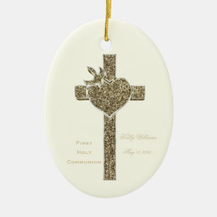 First Holy Communion Cross with Dove and Heart Ceramic Tree Decoration